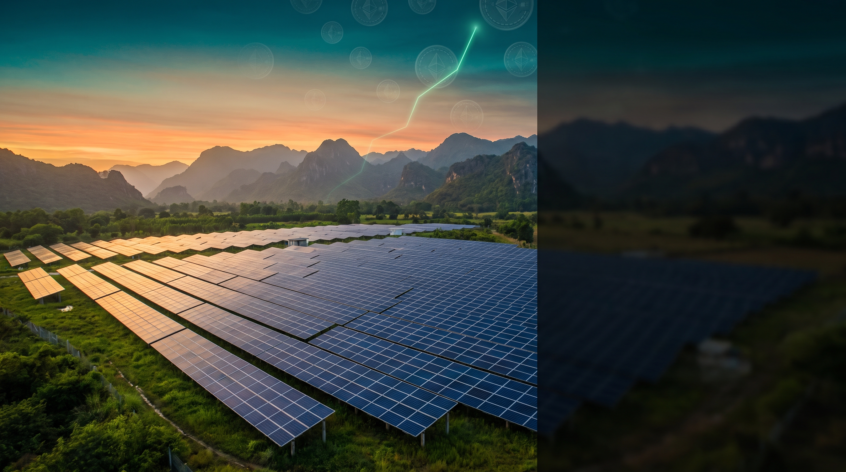 A utility scale solar farm at golden hour in a green valley in the Republic of Georgia