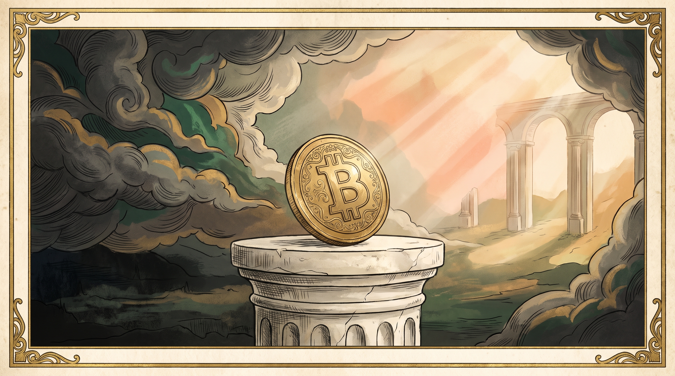 Une pièce Bitcoin dorée en équilibre entre des nuages d'orage et un lever de soleil