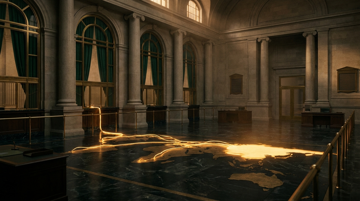 A neoclassical banking hall with rivers of gold light crossing a world map
