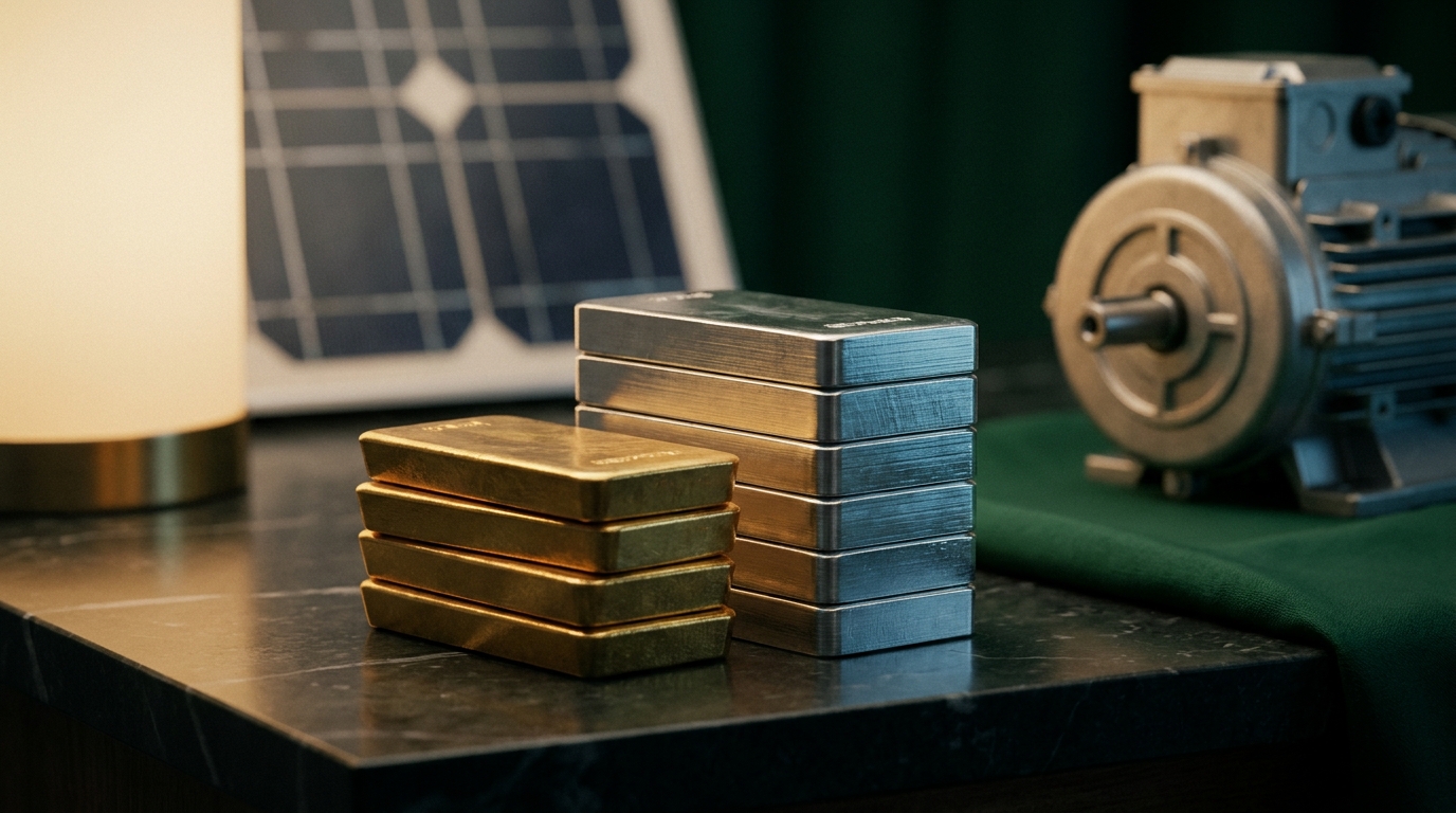 Gold and silver bullion before a solar panel and an electric motor