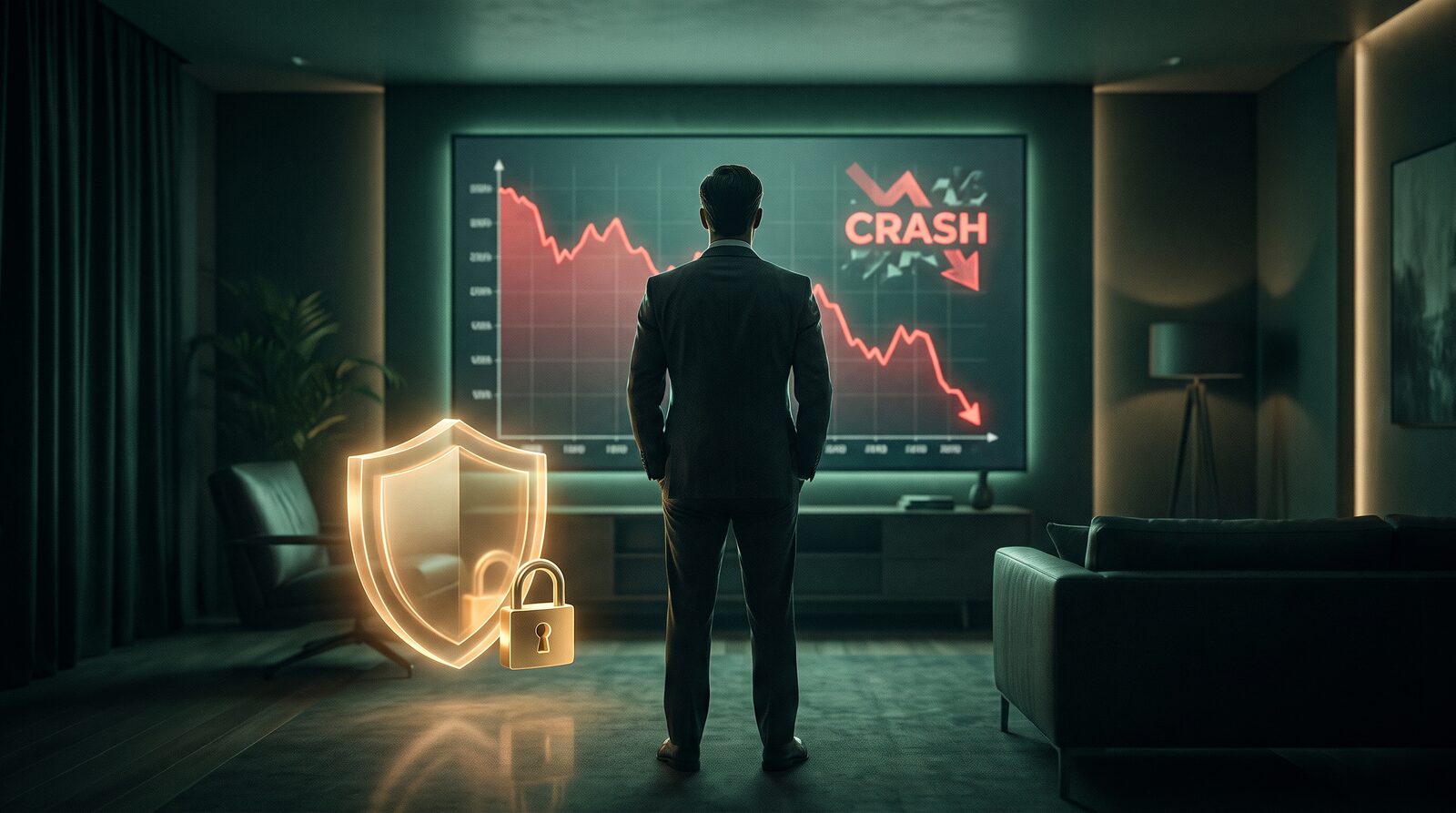 مستثمر هادئ يقف أمام شاشة تعرض هبوطاً حاداً في الأسعار، بينما درع ذهبي وقفل يرمزان إلى حماية المحفظة، على خلفية زمرّدية داكنة أنيقة