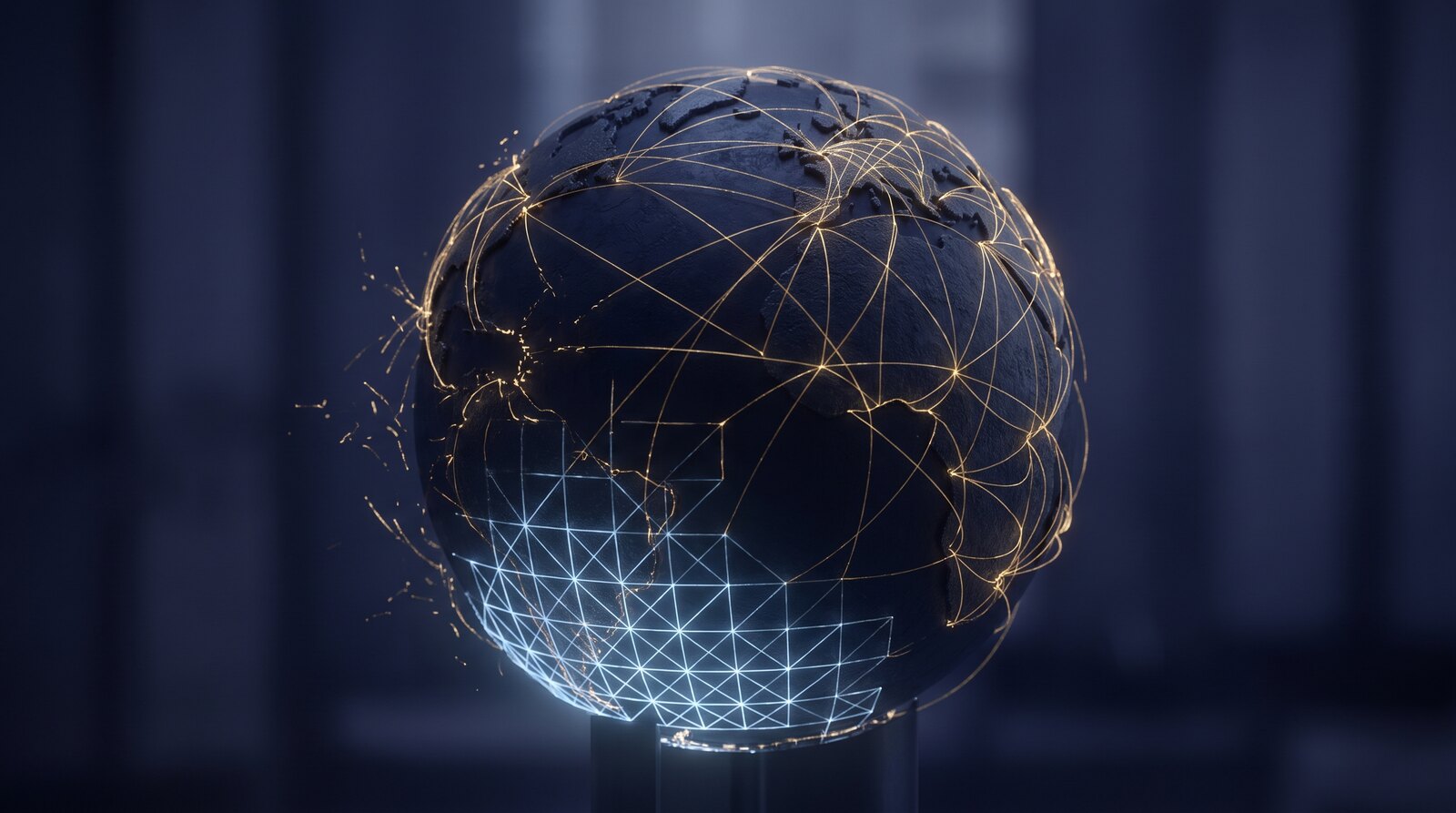 كرة أرضية معتمة تعبرها شبكة مالية متوهجة، بعض وصلاتها يتصدّع بينما تنهض تحتها شبكة رقمية جديدة