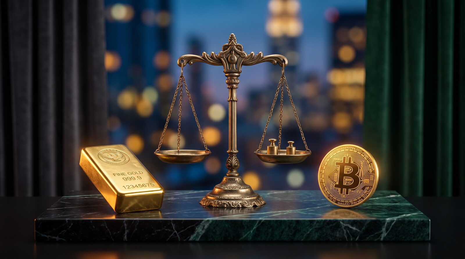 سبيكة ذهب راسخة إلى جانب عملة بيتكوين ذهبية متوهّجة على رخام داكن، وميزان قديم بين الاثنين، وخلفية من أضواء مالية زرقاء وذهبية