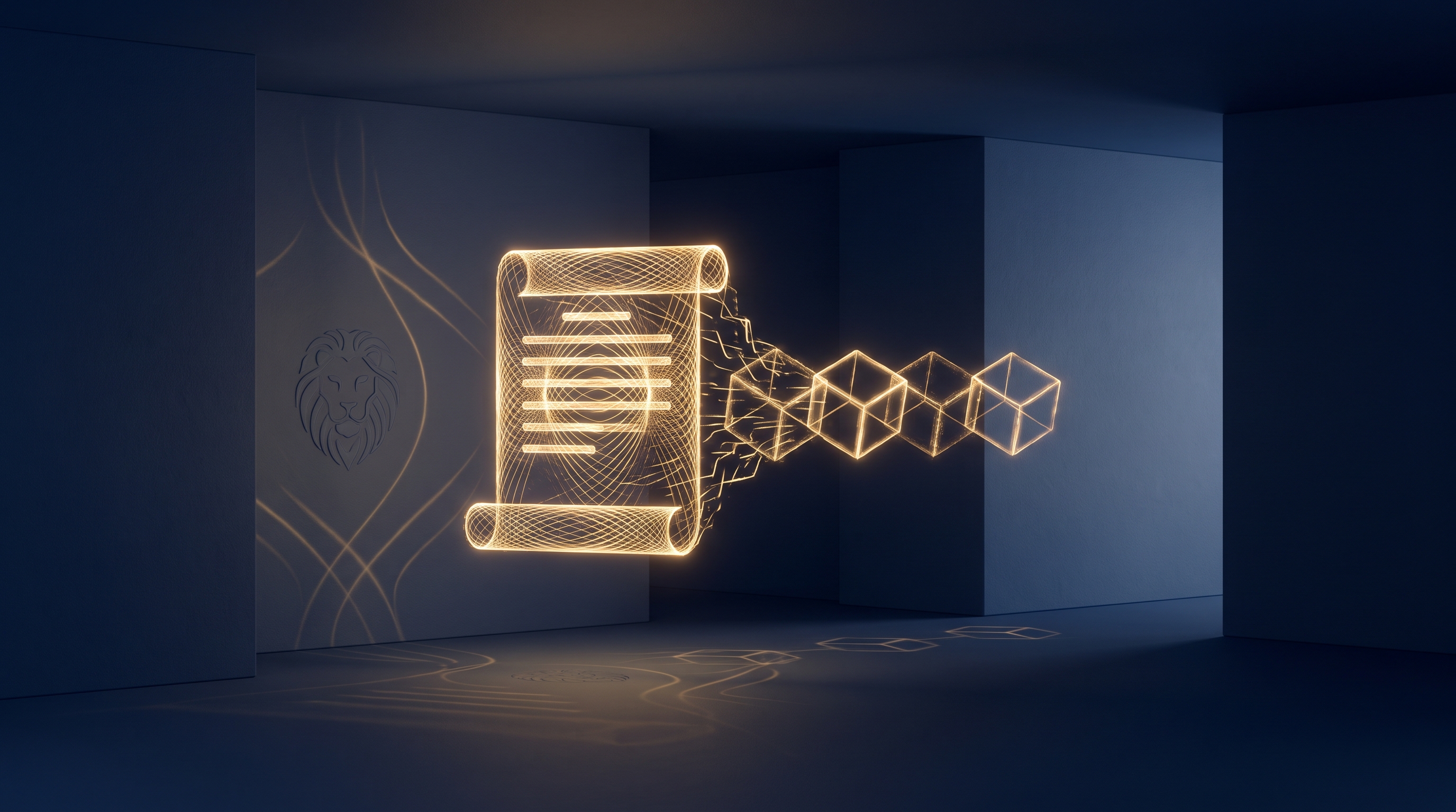 A digital trust deed transforming into a chain of blockchain blocks, navy and gold