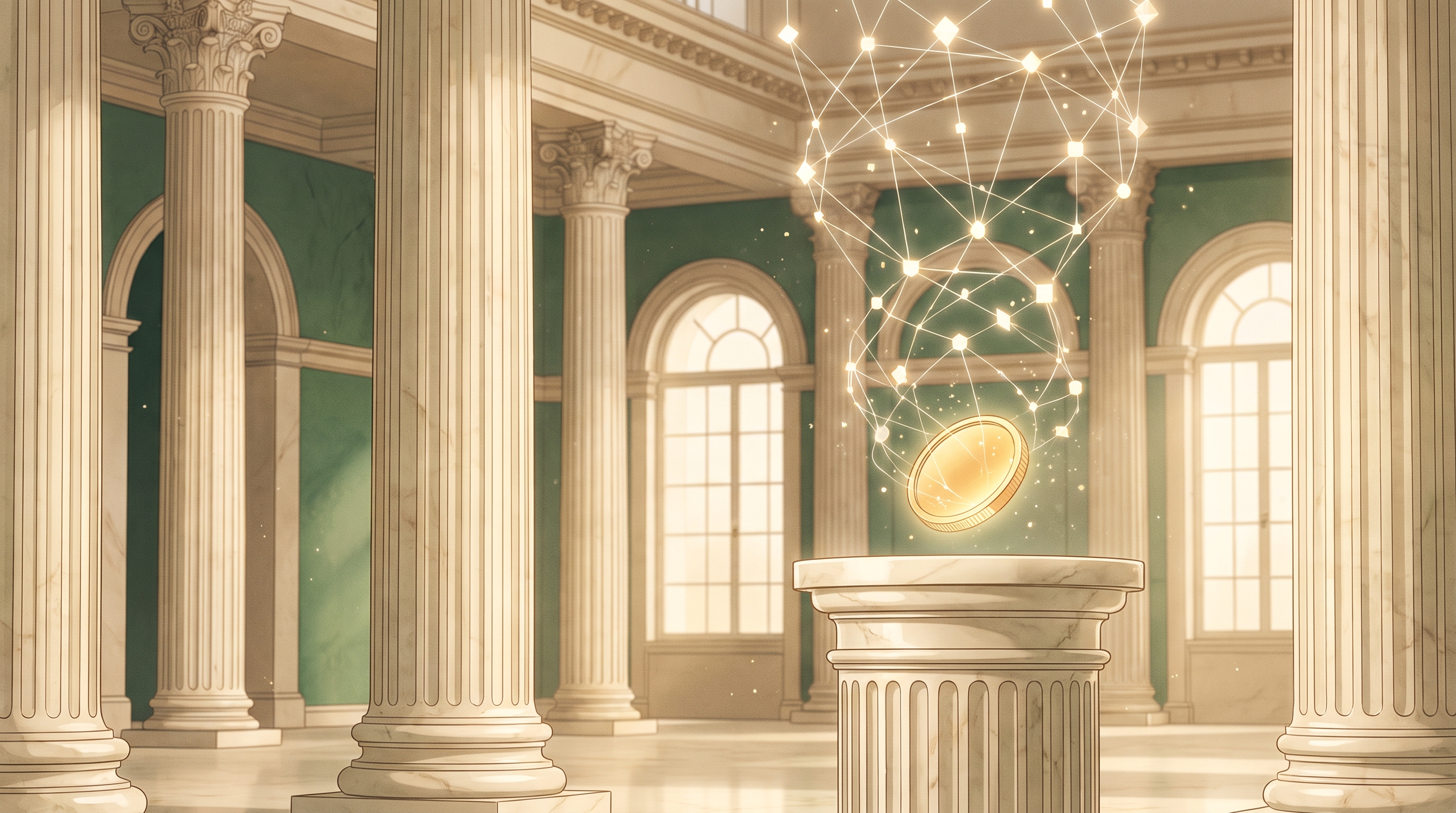 A golden coin dissolving into a lattice of blockchain nodes inside a neoclassical central bank hall